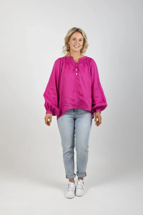 Shirts & Tops-EB&IVE NASHVILLE LINEN BLOUSE MAGENTA