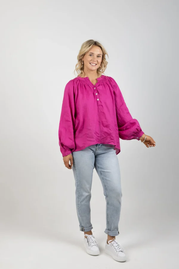 Shirts & Tops-EB&IVE NASHVILLE LINEN BLOUSE MAGENTA