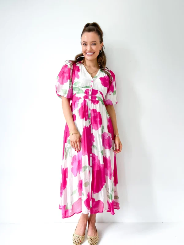 Dresses-FRIA BUTTON MAXI DRESS FUCHSIA CLOUD