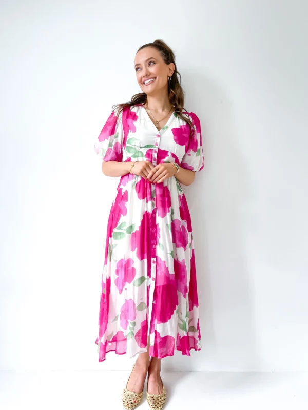 Dresses-FRIA BUTTON MAXI DRESS FUCHSIA CLOUD