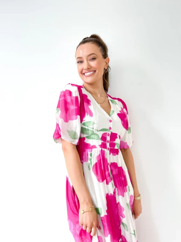 Dresses-FRIA BUTTON MAXI DRESS FUCHSIA CLOUD