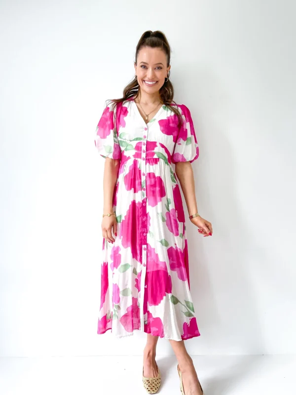 Dresses-FRIA BUTTON MAXI DRESS FUCHSIA CLOUD