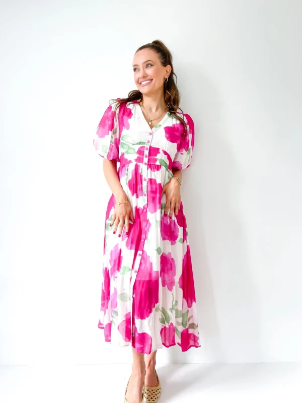 Dresses-FRIA BUTTON MAXI DRESS FUCHSIA CLOUD