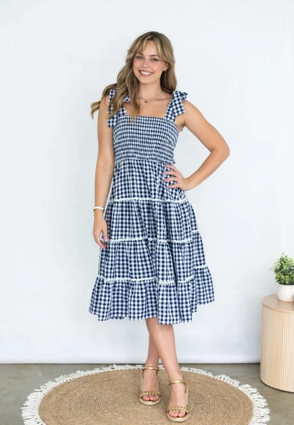 Dresses-FRIA GINGHAM TIER DRESS NAVY