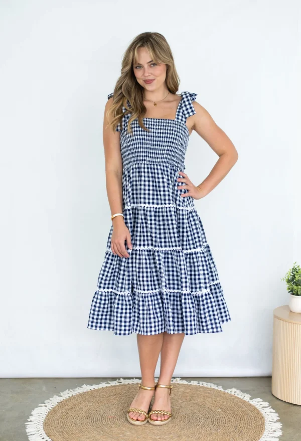 Dresses-FRIA GINGHAM TIER DRESS NAVY