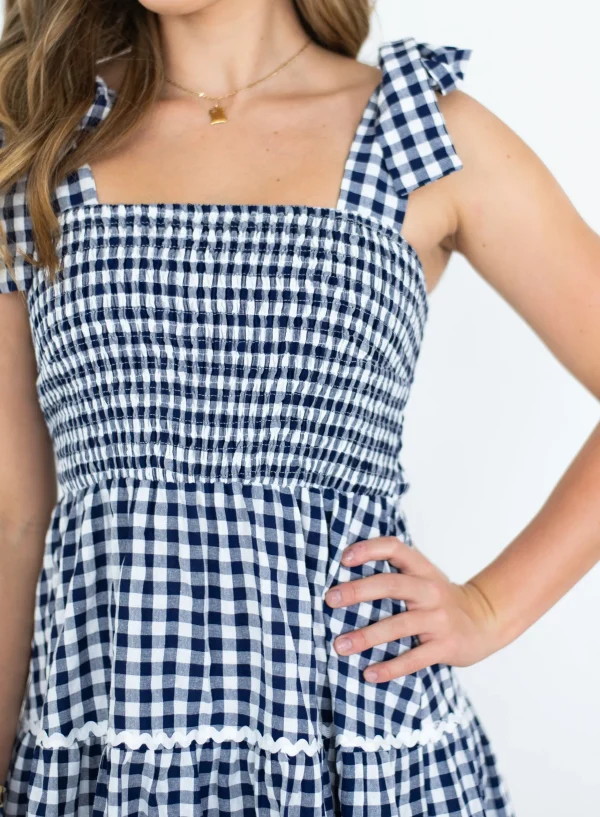 Dresses-FRIA GINGHAM TIER DRESS NAVY