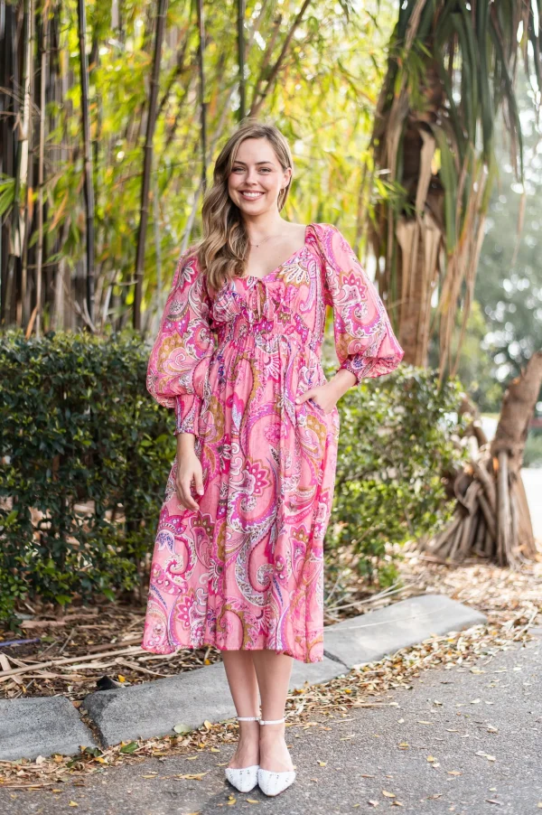 Dresses-FRIA HAILEY MIDI DRESS PINK PAISLEY
