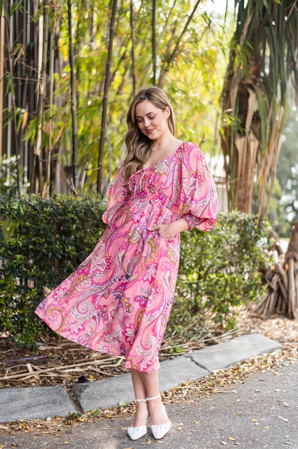 Dresses-FRIA HAILEY MIDI DRESS PINK PAISLEY