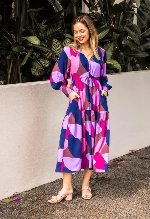 Dresses-FRIA SELMA LONG SLEEVE MAXI DRESS AERA NAVY