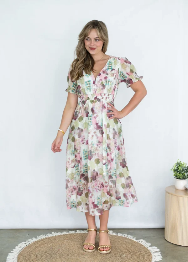 Dresses-FRIA SHIRRING MIDI DRESS WHISPERING PETAL
