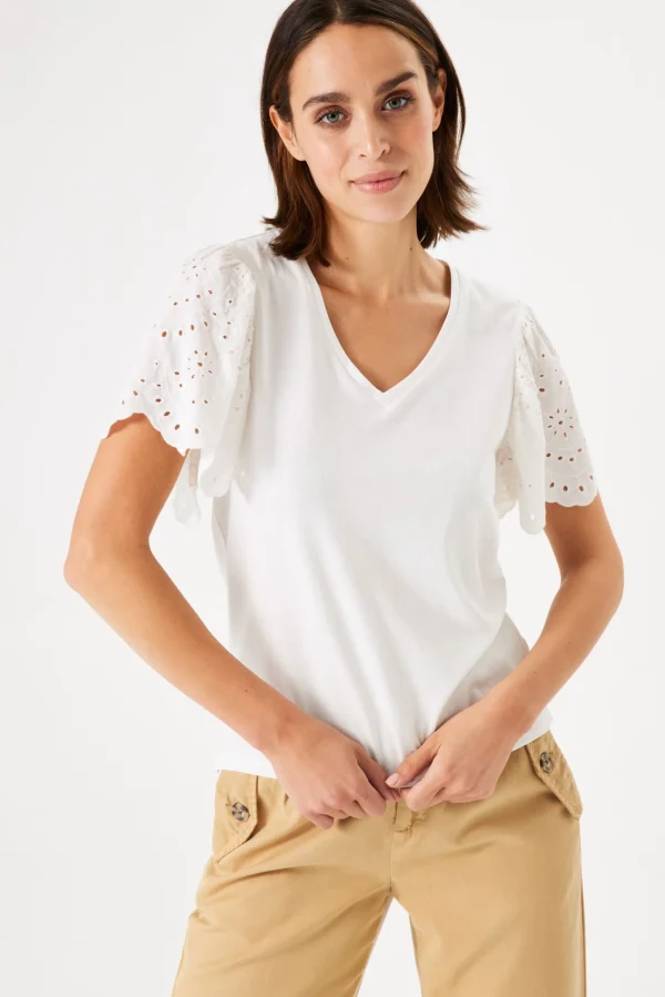 Tees & Tanks-GARCIA FLUTTER BRODERIE LACE TEE OFF WHITE