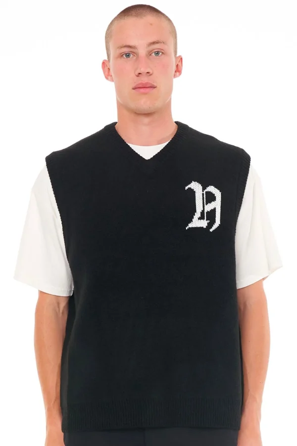 Sweaters & Knitwear-HUFFER ANGLO KNIT VEST BLACK