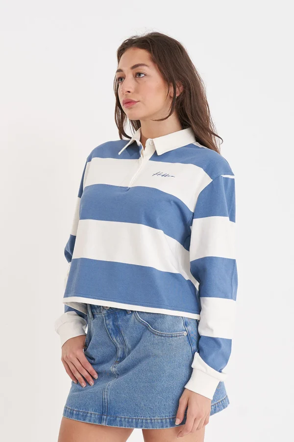 Tees & Tanks-HUFFER BENSON LS BILLY RUGBY CHALK DENIM