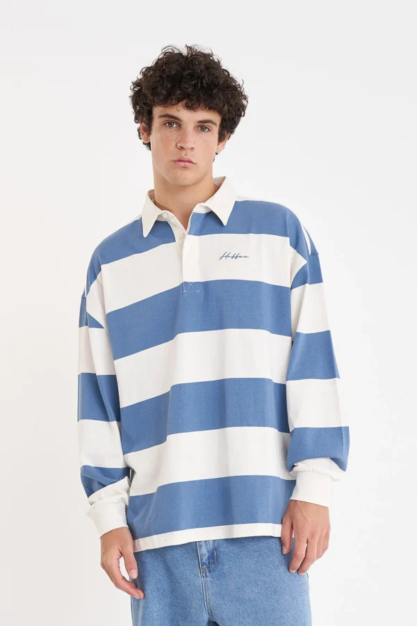 Sweaters & Knitwear-HUFFER BENSON LS GRAND RUGBY CHALK DENIM