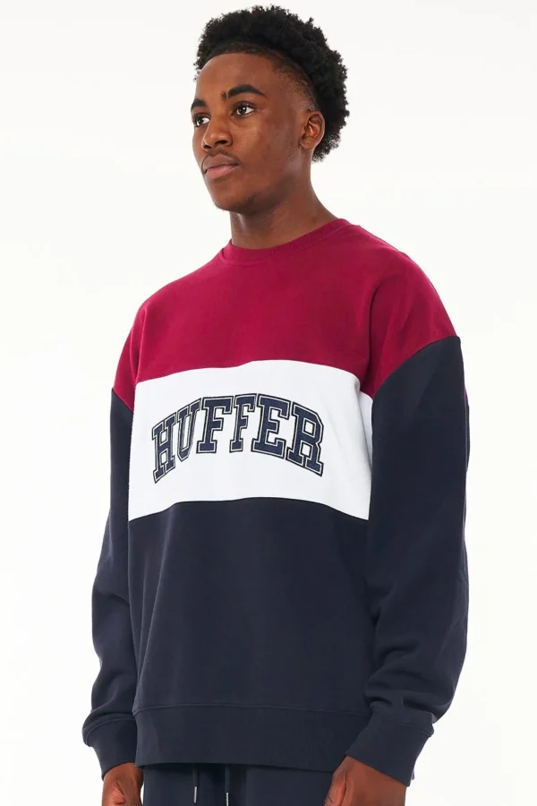Sweaters & Knitwear-HUFFER PANEL BLOCK CREW - NAVY/CRANBERRY