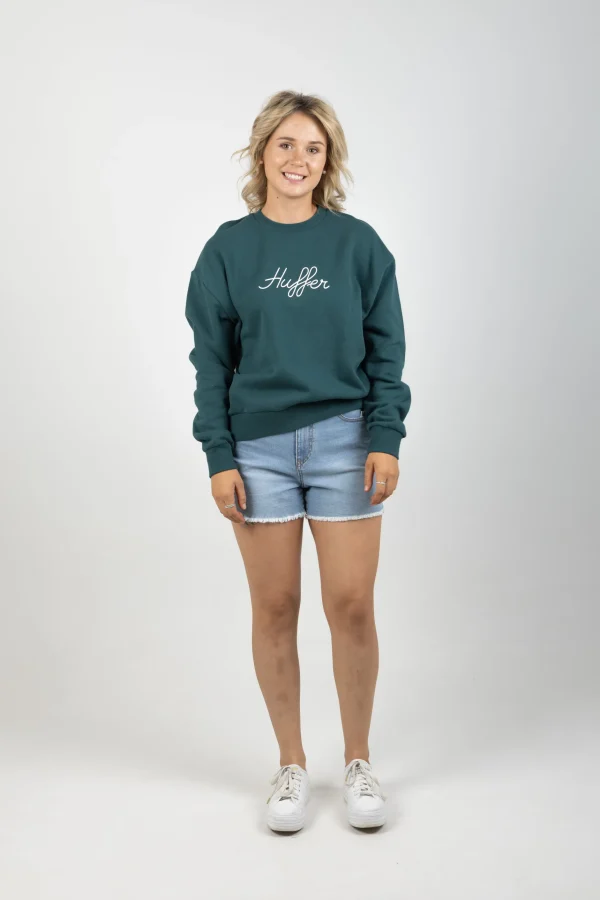 Sweaters & Knitwear-HUFFER SLOUCH CREW SCRIPT EMERALD