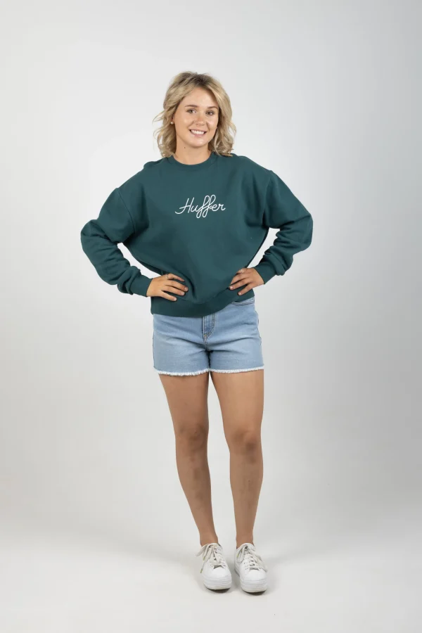 Sweaters & Knitwear-HUFFER SLOUCH CREW SCRIPT EMERALD
