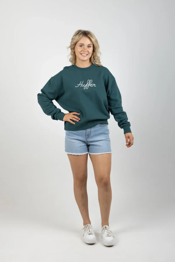 Sweaters & Knitwear-HUFFER SLOUCH CREW SCRIPT EMERALD