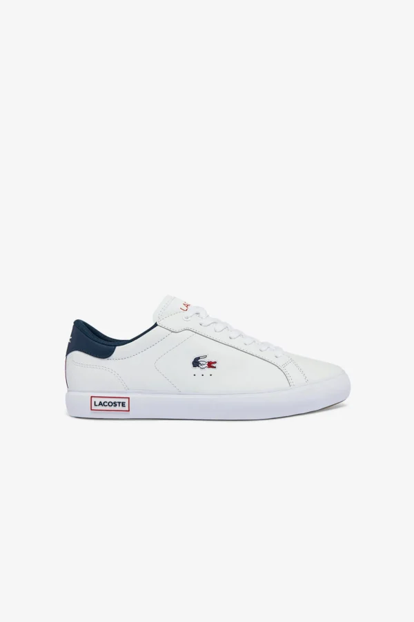 Footwear-LACOSTE MENS POWERCOURT TRI COLOUR SNEAKERS - WHT/RED/BLUE