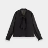 Shirts & Tops-SCOTCH & SODA TIE NECK TOP EVENING BLACK