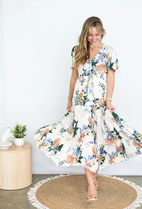 Dresses-SILVER WISHES SELMA MAXI DRESS CREAM FLORAL
