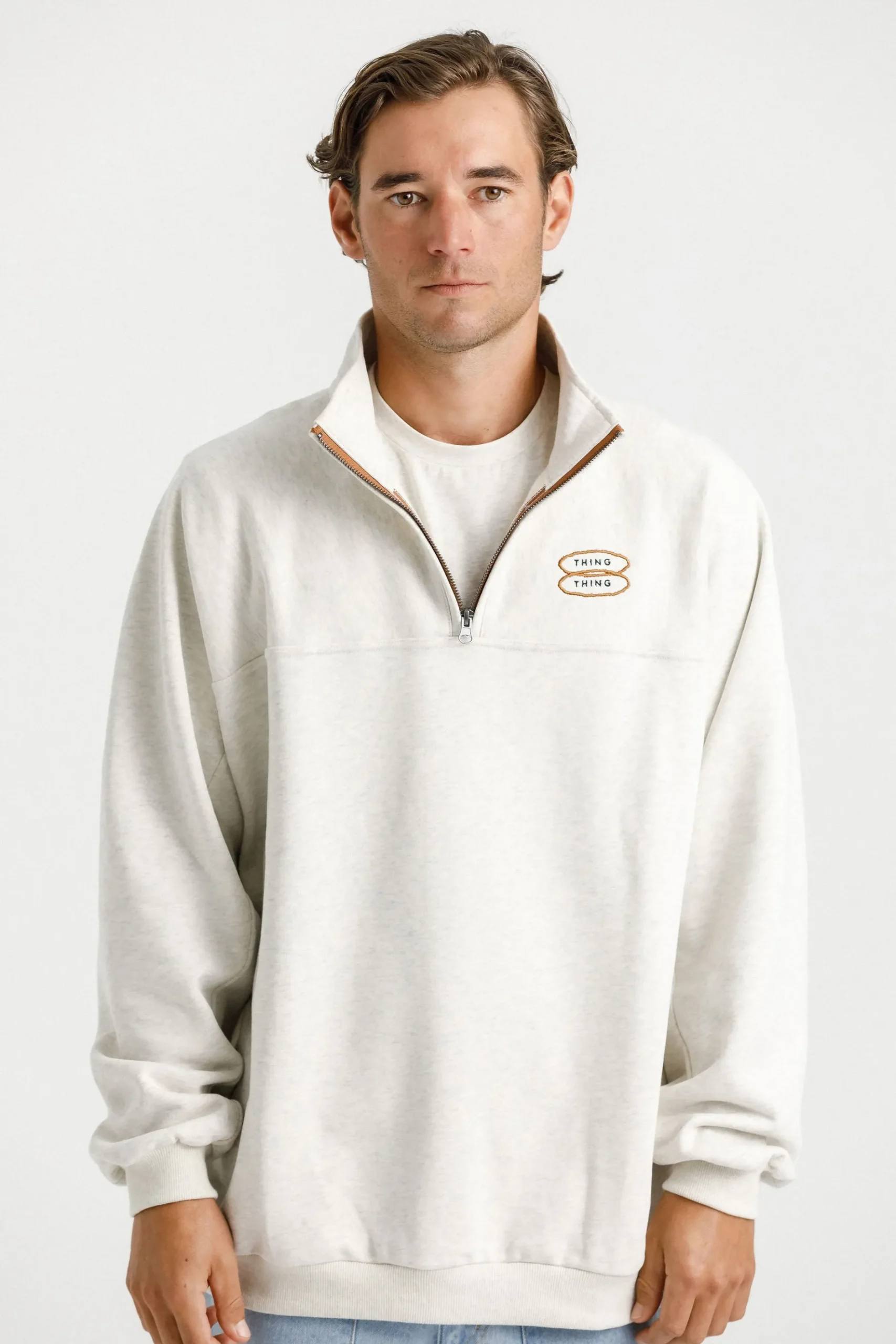 thing_thing__zip_up_crew__1.webp Sweaters & Knitwear-THING THING 1/4 ZIP UP CREW UNBLEACHED MARLE