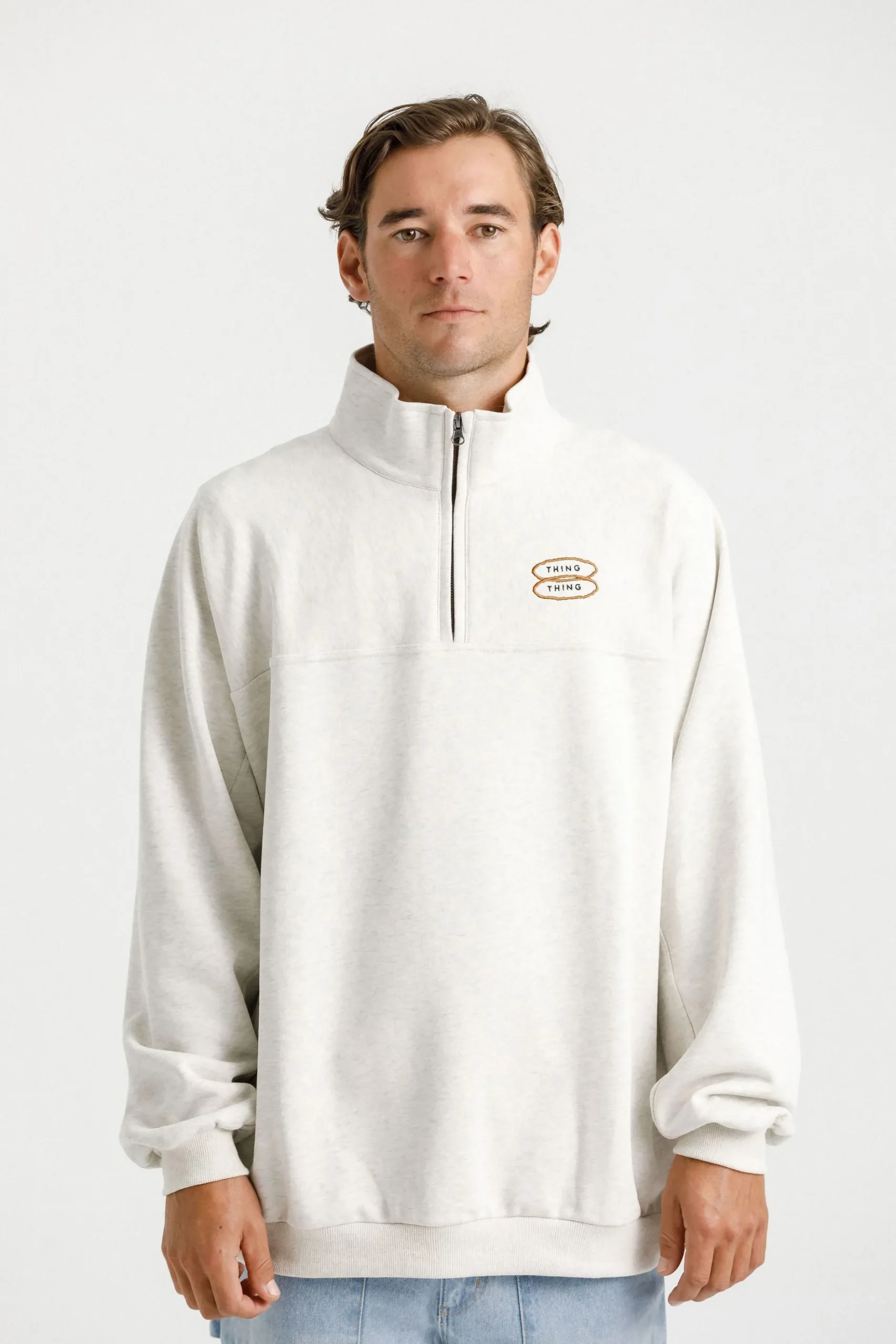 thing_thing__zip_up_crew__6.webp Sweaters & Knitwear-THING THING 1/4 ZIP UP CREW UNBLEACHED MARLE
