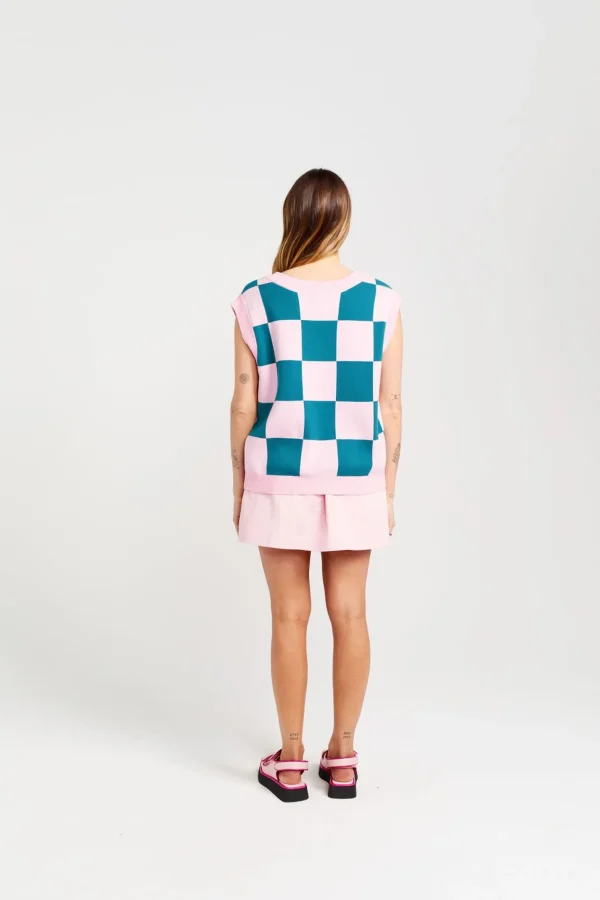 Sweaters & Knitwear-THING THING CHECK IT VEST TEAL CANDY