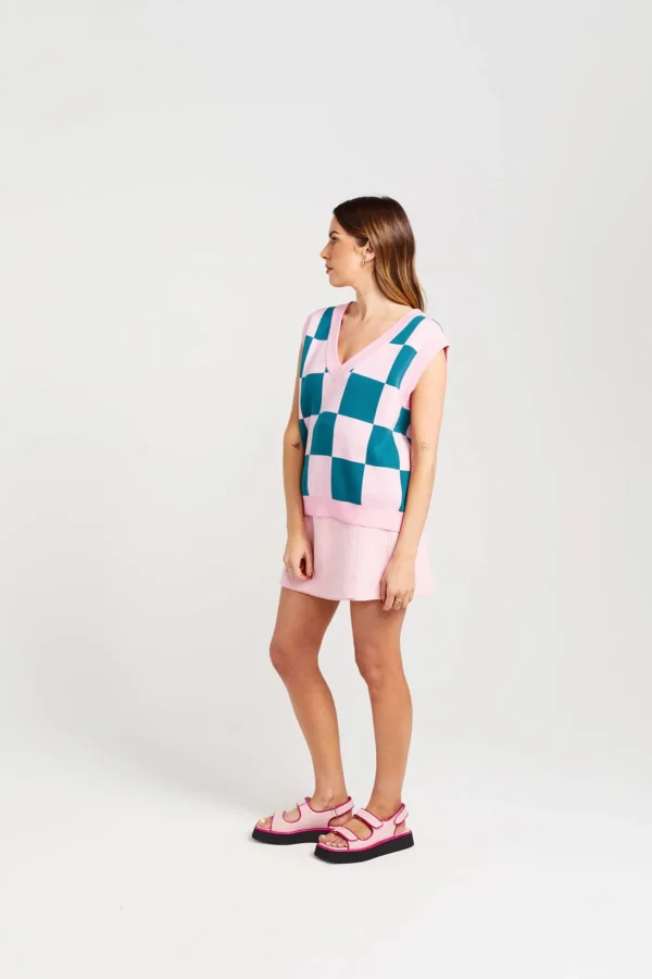Sweaters & Knitwear-THING THING CHECK IT VEST TEAL CANDY