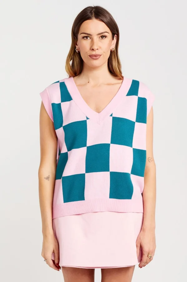 Sweaters & Knitwear-THING THING CHECK IT VEST TEAL CANDY