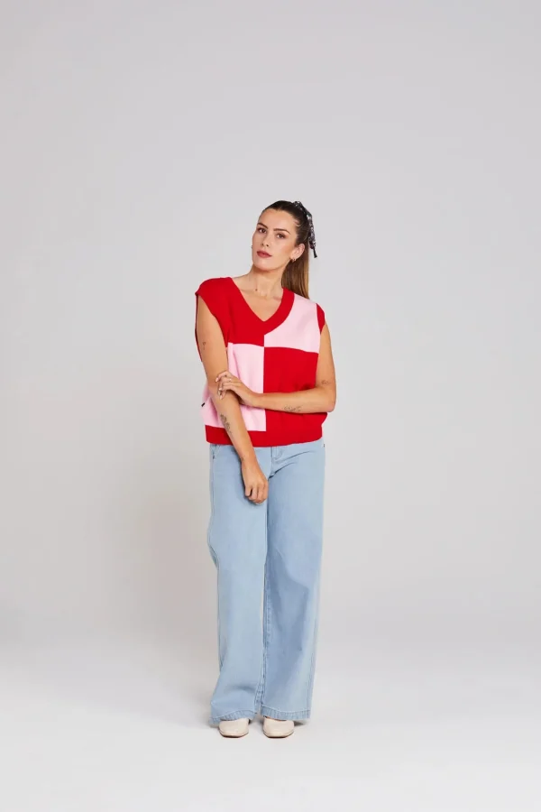 Sweaters & Knitwear-THING THING DIVIDE CHECK VEST PINKY TOMATO