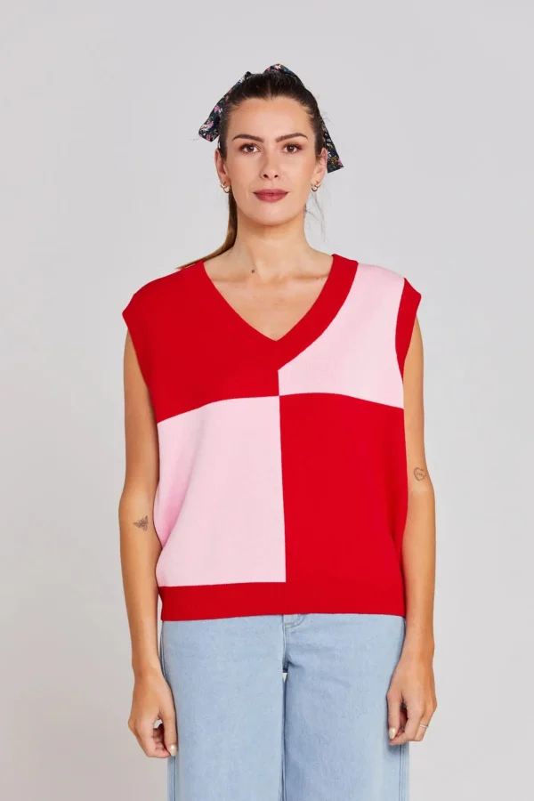 Sweaters & Knitwear-THING THING DIVIDE CHECK VEST PINKY TOMATO
