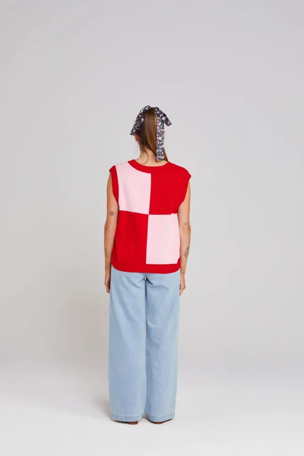 Sweaters & Knitwear-THING THING DIVIDE CHECK VEST PINKY TOMATO