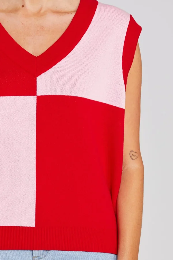 Sweaters & Knitwear-THING THING DIVIDE CHECK VEST PINKY TOMATO